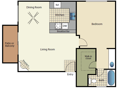 One bedroom one bath apartment floorplan